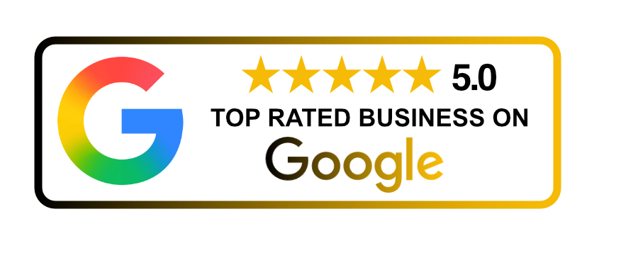 Gold-bordered badge featuring the Google logo, five gold stars with '5.0', and the words 'Top Rated Business on Google'